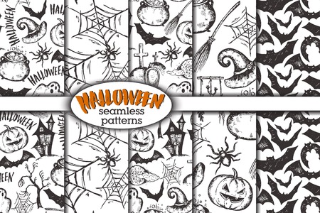 Vector set of five seamless patterns with sketch Halloween characters witch hat, cauldron, tree, bat, pumpkin, ghost, spider, house, web, moon Black and white endless background with hand drawn elementsのイラスト素材