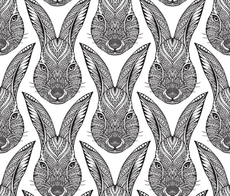 Seamless pattern with ornate doodle hand drawn head of rabbit. Beautiful black and white vector backgroundのイラスト素材