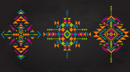 Set of three colorful ethnic pattern elements with geometric shapes. Tribal ornate abstract...