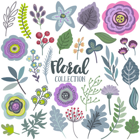 Vector graphic set with beautiful flowers, leaves, branches, berries. Colorful collection for greeting, Save the Date cards, wedding invitations, patterns.のイラスト素材