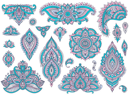 Big vector set of colorful henna floral elements and frames based on traditional Asian ornaments. Paisley Mehndi Tattoo Doodles collection. Blue and pink cool soft colorsのイラスト素材
