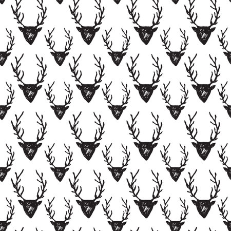 Seamless pattern with hand drawn deers. Black and white vector holiday endless backgroundのイラスト素材