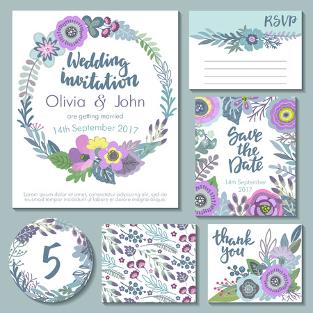 Vector wedding collection. Templates for invitation, thank you card, save the date, RSVP. Beautiful floral ornaments, bouquets and wreathes.のイラスト素材