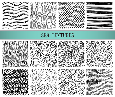 Set of twelve hand drawn ink abstract textures. Vector backgrounds of simple primitive scratchy sea patterns, waves, scales, sand, pebbles, fish, rippleのイラスト素材