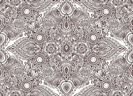 Vector seamless pattern with hand drawn henna mehndi floral elements. Beautiful endless background in oriental indian styleのイラスト素材