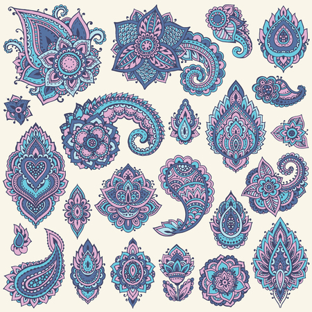 Big vector set of colorful henna floral elements based on traditional Asian ornaments. Paisley Mehndi Tattoo Doodles collection.のイラスト素材