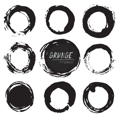 Set of round grunge vector shapes. Abstract hand painted circle frames. Retro backgrounds. Design elementsのイラスト素材
