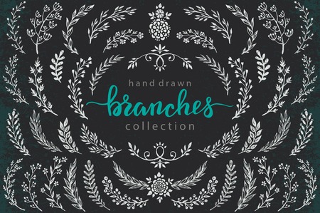 Big set of hand drawn vector flowers and branches with leaves, flowers, berries. Floral sketch collection. Decorative elements for design. Ink, vintage, rustic.のイラスト素材