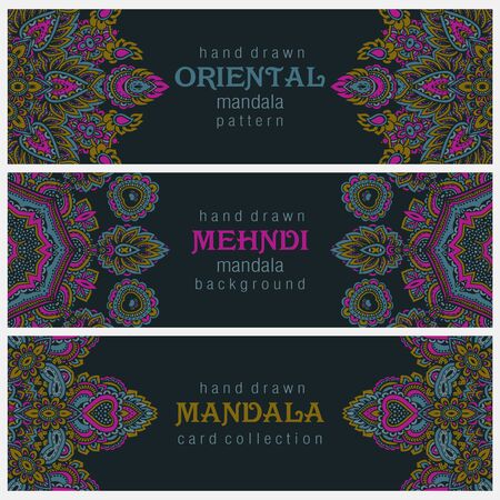 Set of three horizontal cards or flyers with abstract henna mehndi ornament. Decorative colorful pattern with ornate texture, tribal ethnic oriental motif. Vector illustrationのイラスト素材