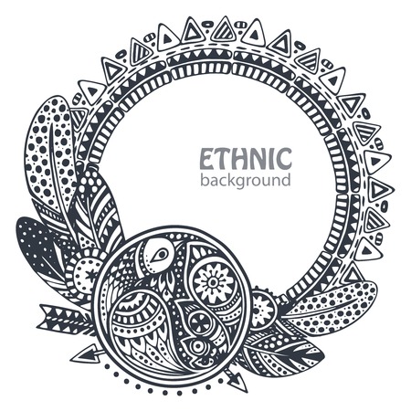 Beautiful frame with hand drawn ethnic elements, birds, arrows, feathers.のイラスト素材