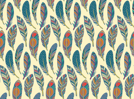 Vector seamless pattern with hand drawn ornate tribal colorful feathers. Ethnic endless background.のイラスト素材