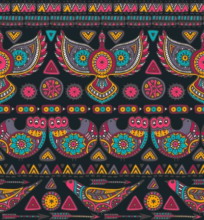 Vector seamless pattern with colorful hand drawn ethnic elements. Tribal design with geometric forms and ornate birds. Folk motif for print, web, textile, wrapping paperのイラスト素材