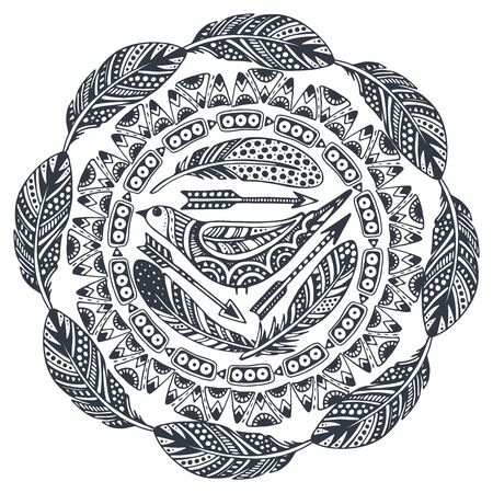 Beautiful print with hand drawn ethnic elements, birds, arrows, feathers. Black and white tribal vector illustration for t-shirt design, greeting cards, labels.のイラスト素材