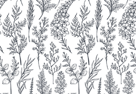 Seamless pattern with hand drawn spring flowers and plants in sketch style. Monochrome vector endless nature background.のイラスト素材