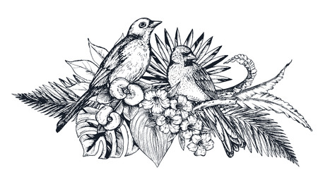 Vector composition of tropical flowers and exotic bird.のイラスト素材