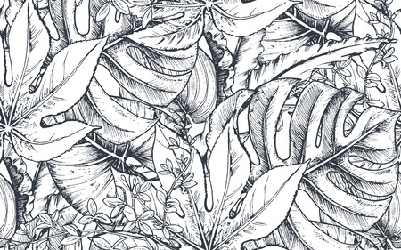 Vector seamless pattern with compositions of hand drawn tropical flowers, palm leaves, jungle plants, paradise bouquet. Beautiful black and white sketched floral endless backgroundのイラスト素材