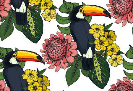 Vector seamless pattern with compositions of hand drawn tropical flowers, palm leaves, jungle plants, paradise bouquet with exotic birds. Beautiful colorful floral endless backgroundのイラスト素材