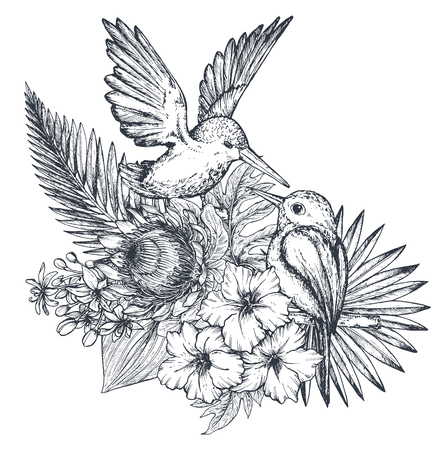 Vector composition of tropical flowers, palm leaves, jungle plants, paradise bouquet with exotic bird. Beautiful black and white floral illustration isolated on white background in sketch style.のイラスト素材