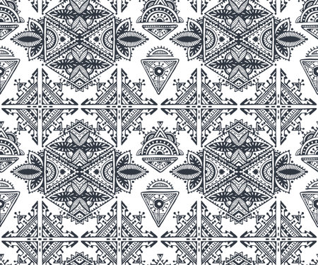 Black and white ethnic seamless pattern with hand drawn elements