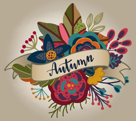 Autumn bouquet with ribbon, lettering phrase. Fall composition for greeting card, invitation, poster with beautiful bright leaves, flowers, branches, berries.のイラスト素材