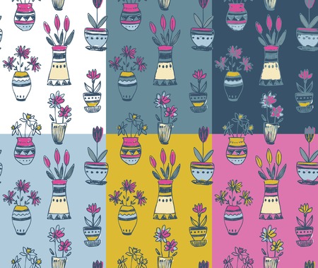 Six seamless patterns with hand drawn floral nature motif and spring elements. Colorful endless vector background.のイラスト素材