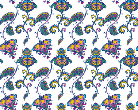 Vector seamless pattern with hand drawn henna mehndi floral elements. Beautiful colorful endless background in oriental indian styleのイラスト素材