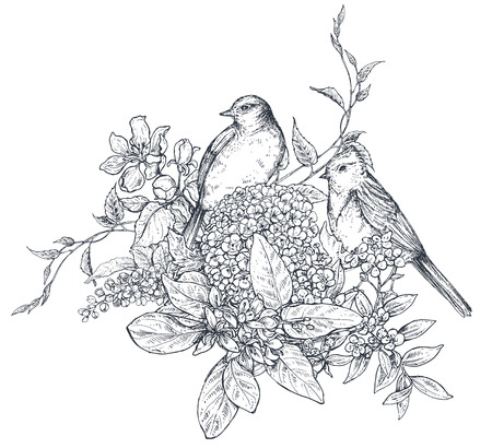Floral composition. Bouquet with hand drawn flowers, blossom branches, leaves and birds. Monochrome vector illustration in sketch style.のイラスト素材
