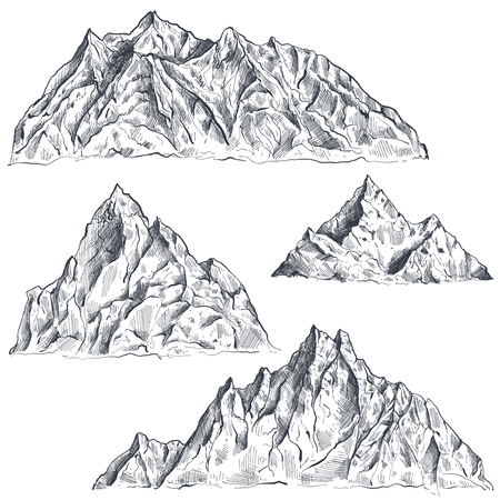Vector set of hand drawn graphic mountain ranges. Nature landscape. Black and white outdoor camping background.のイラスト素材