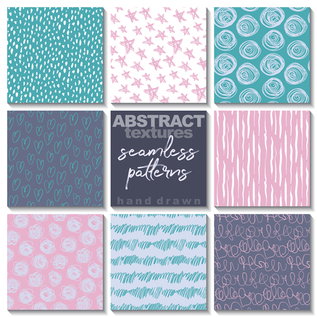 Set of eight hand drawn abstract seamless patterns. Endless colorful vector backgrounds of simple primitive scratchy textures with dots, stripes, waves.のイラスト素材