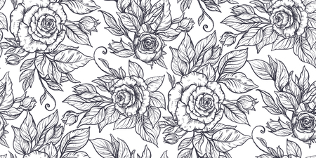 Seamless pattern with graphic rose flowers, vector floral endless background in vintage styleのイラスト素材