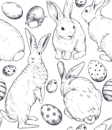 Vector seamless pattern with hand drawn rabbits and eggs. Realistic sketch animals in black and white colors. Easter endless backgroundのイラスト素材