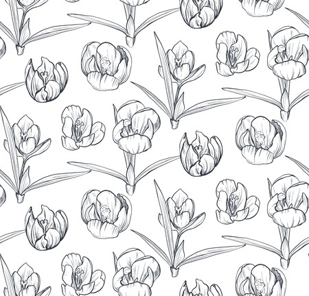 Vector seamless pattern with hand drawn spring flowers and leaves on white background. Romantic endless background in black and white colors. Sketch graphic styleのイラスト素材