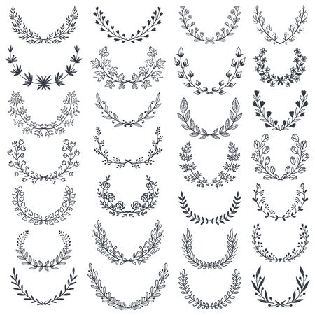 Vector set of hand drawn vector circular decorative elements for your design. Wreath, plants and branches with leaves, flowers, berriesのイラスト素材