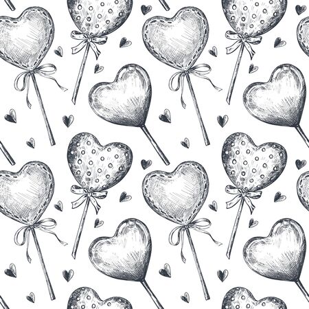 Seamless pattern with hand drawn vintage valentine and wedding day elements in sketch styleのイラスト素材