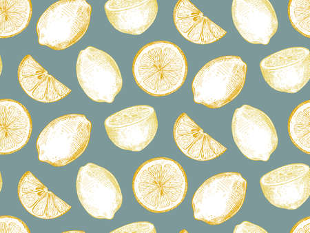 Vector seamless pattern with hand drawn fresh lemon fruits and slices in sketch style.のイラスト素材