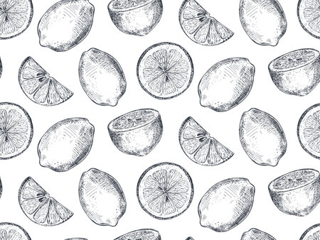 Vector seamless pattern with hand drawn fresh lemon fruits and slices in sketch style.