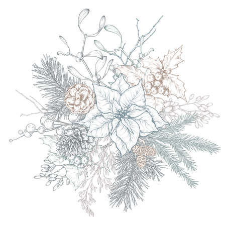 Vector Christmas floral arrangement for greeting card or invitation with hand drawn winter plants, pine cones, flower.のイラスト素材
