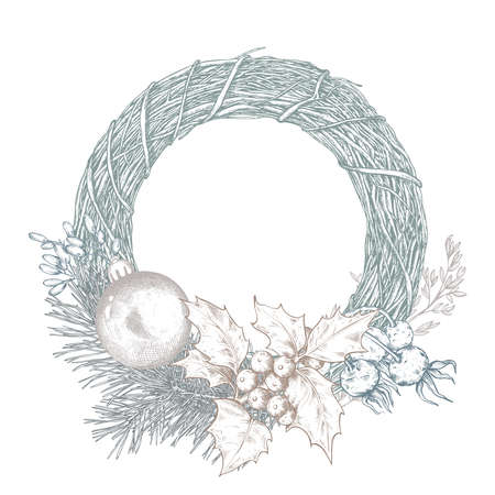 Vector template for Christmas greeting card or invitation with hand drawn wreath, winter plants, pine cones, ball.のイラスト素材