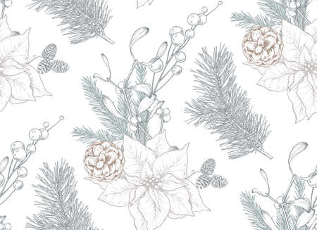 Vector seamless pattern with Christmas floral elements, plants, branches, pine cones.のイラスト素材