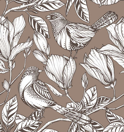 Vector seamless pattern of magnolia flowers, branches and birds.のイラスト素材