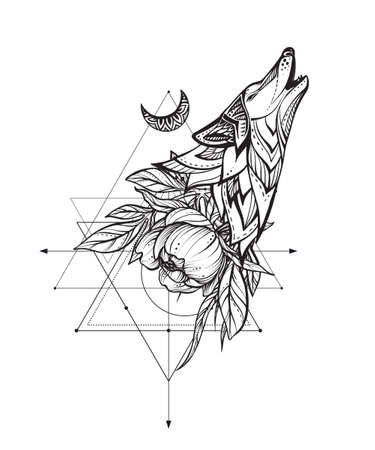 Black and white wolf, peony flower, moon, sacral geometric simbolsのイラスト素材