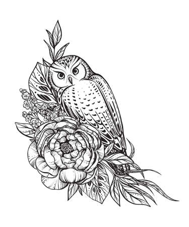 Black and white owl, peony flowers, branches. Mystical totem symbol.のイラスト素材