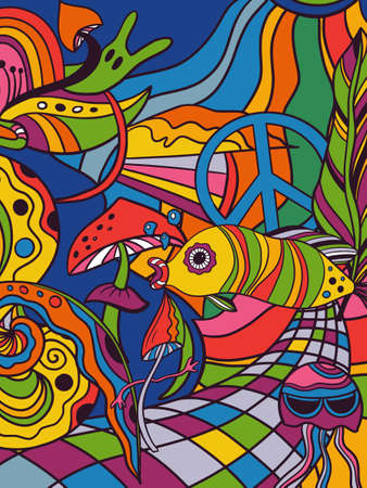 Vector retro colorful psychedelic poster in 1970s styleのイラスト素材