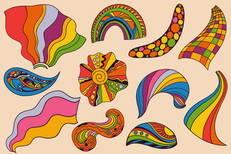 Vector collection of retro colorful stickers in psychedelic 1970s styleのイラスト素材