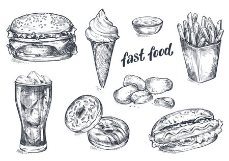 Hand drawn vector set of fast food dishes in sketch style. Traditional American food.のイラスト素材
