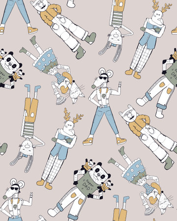Vector seamless pattern with funny animals in clothes in children s primitive style. Hand drawn...