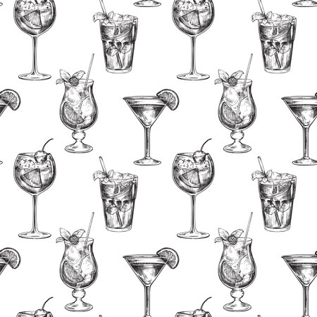 Vector seamless pattern with hand drawn cocktails in sketch styleのイラスト素材