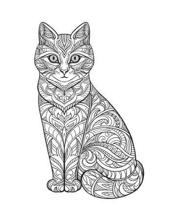 Vector illustration of hand drawn ornate cat in black and white graphic doodle stile.のイラスト素材