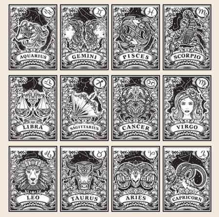 Beautiful black and white pre-made cards with zodiac signs illustrationsのイラスト素材