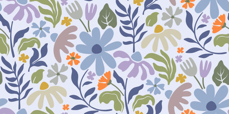 Vector summer seamless pattern with natural elements, flowers, leaves in modern trendy style.